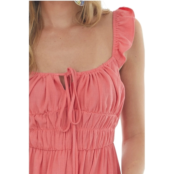 40 Coral round neck elastic smocked waist tiered flowy babydoll dress - Picture 5 of 8